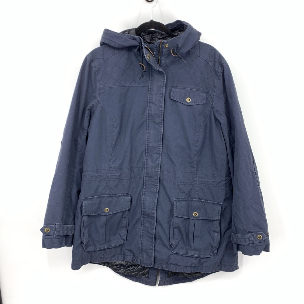 LL Bean Women Size XL Jacket Blue Anorak Coat Blue Canvas Long Lined‎ Hood Zip